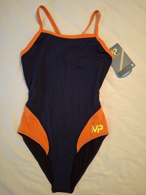 Women's Navy One-Piece Swimsuit with Orange Trim